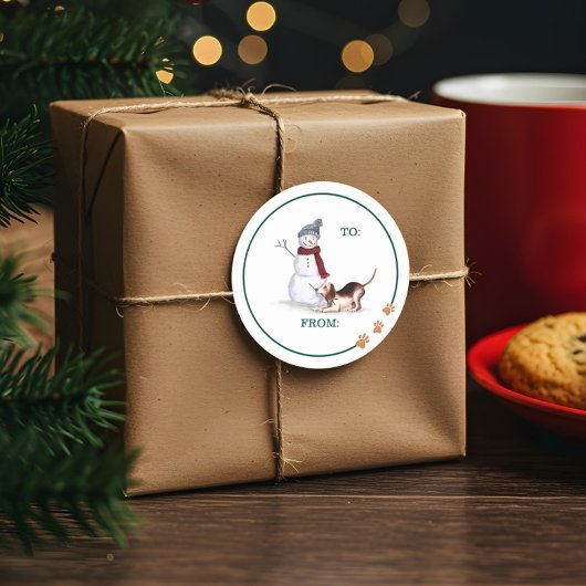 犬いけな水色ビーグル遊ズ雪だるま ラウンドシール