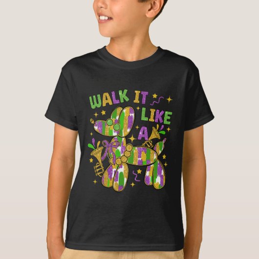 犬おもしろいのように歩くマルディグラスグルービー Tシャツ (正面)