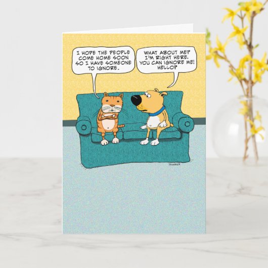 犬おもしろいを無視する猫誕生日 カード (黄色い花)