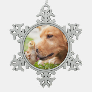 犬およびひよこ スノーフレークピューターオーナメント
