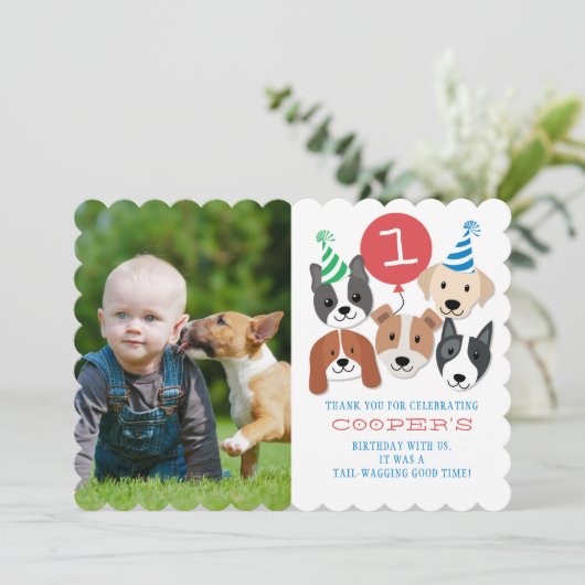 犬および赤い気球の写真のサンキューカード サンキューカード (スタンド正面)