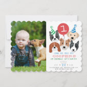 犬および赤い気球の写真の誕生日の招待 招待状 (正面)