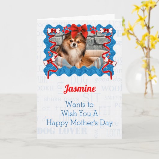 犬からの赤と青の母の日 カード (黄色い花)