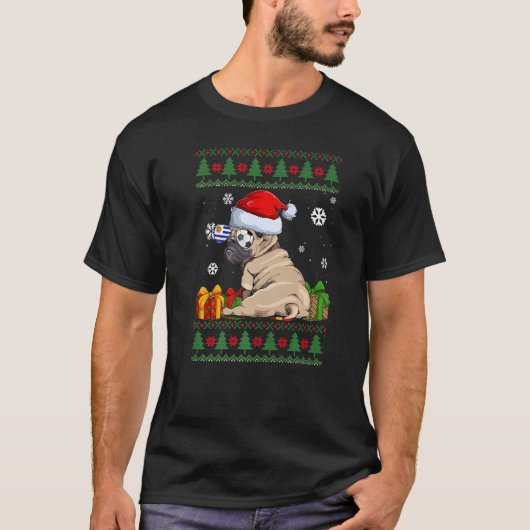 犬かわいいパグサンタハット醜いクリスマスセーター Tシャツ (正面)
