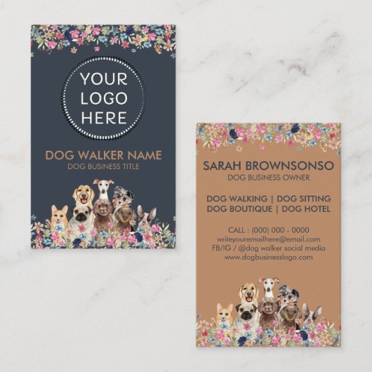 犬かわいいフローラフォトロゴの円 名刺 (正面/裏面)