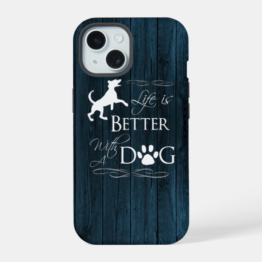 犬がいる生活は最高 iPhoneケース - ブルー iPhone 15ケース (裏面)