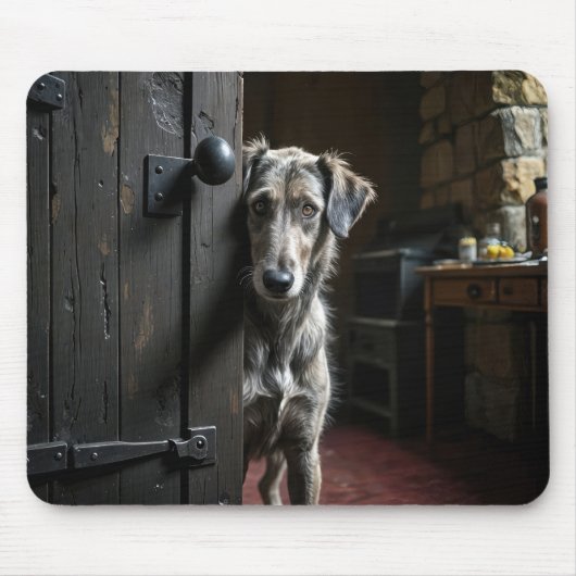 犬がドアをのまわりに覗く マウスパッド (正面)