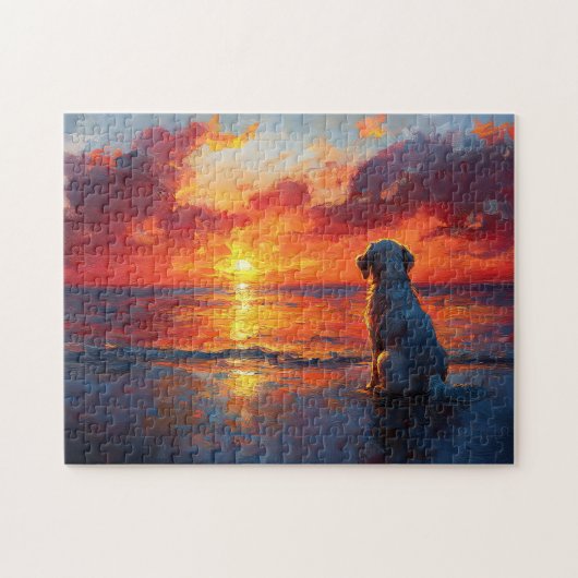 犬がビーチで夕日を眺める ジグソーパズル (横)