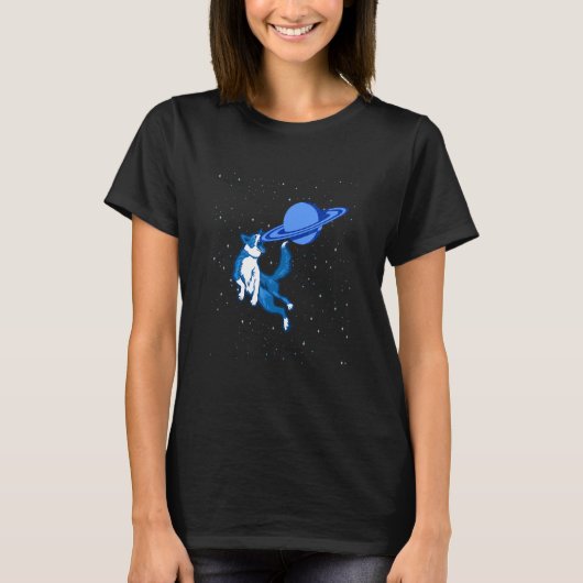犬がフリスビー宇宙天文学Sのように土星を捕る Tシャツ (正面)