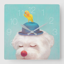 犬がボウリングをする人、 クリケットの投手帽子の四角い壁時計を着て