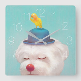 犬がボウリングをする人、 クリケットの投手帽子の四角い壁時計を着て スクエア壁時計