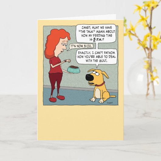 犬が時計を時食べ物を与え刻に見るおもしろい誕生日 カード (黄色い花)