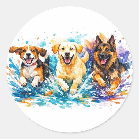 犬が水しぶきをあげる ラウンドシール (正面)