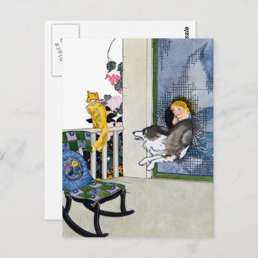 犬が猫を飼うためにスクリーンのドアをバスト ポストカード (正面/裏面)