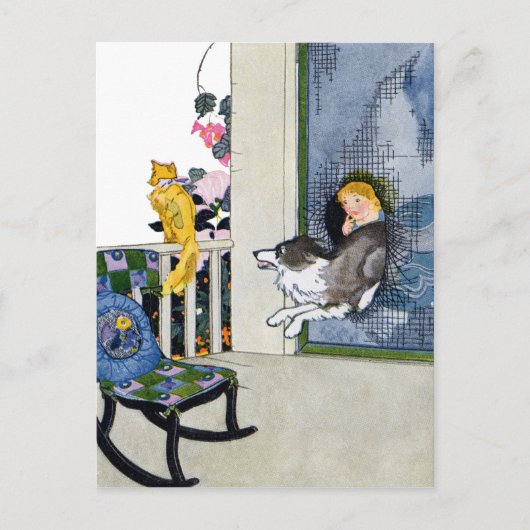 犬が猫を飼うためにスクリーンのドアをバスト ポストカード (正面)