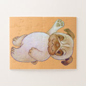 犬が茶色いパグを振るかわいいキャラクタースケッチ ジグソーパズル (横)