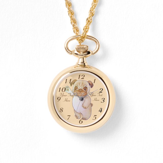 犬が茶色いパグを振るかわいいキャラクタースケッチ 腕時計 (正面)