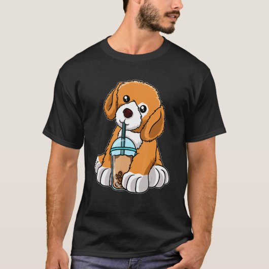 犬が飲むバブルティーかわいい動物とボバティー Tシャツ (正面)
