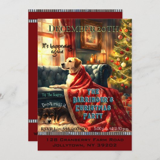 犬が4を待っている年間ホリデークリスマスパーティー 招待状 (正面/裏面)