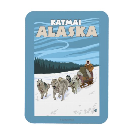 犬ぞりシーン – アラスカ,カッマイ マグネット (縦)