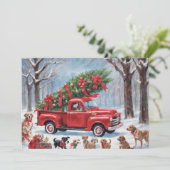 犬たちと雪の木々の中の赤いクリスマストラック シーズンカード (スタンド正面)