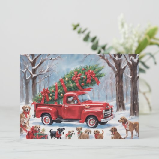 犬たちと雪の木々の中の赤いクリスマストラック シーズンカード (スタンド正面)