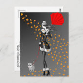 犬とお嬢さん　秋の葉　グレー・モノクローム・ポストカード ポストカード (正面/裏面)