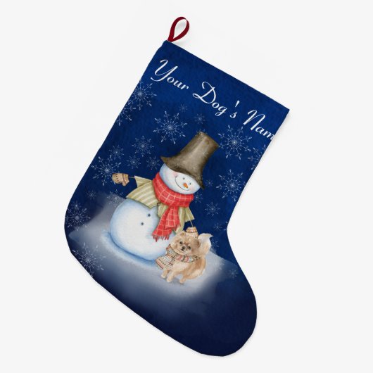 犬との雪だるま-ポメラニア犬恋人の大きなクリスマス ラージクリスマスストッキング (正面 (吊り時))