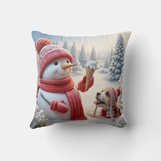 犬とアイスクリームコーンを持っている雪だるま クッション (裏面)