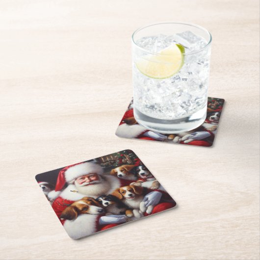 犬とクリスマスサンタクロース2 スクエアペーパーコースター (インサイチュ)