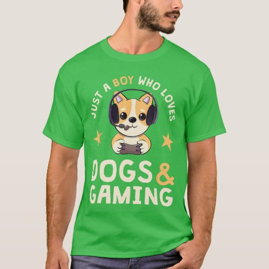 犬とゲームが好きな少年 かわいいゲーマーです Tシャツ (正面)