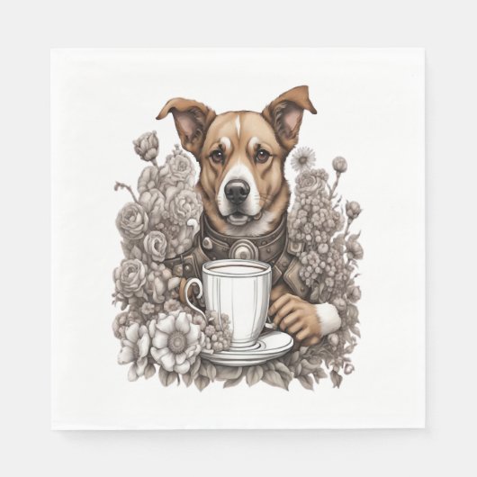 犬とコーヒーカップ スタンダードランチョンナプキン (正面)