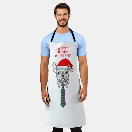 犬とサンタハットを使用したカスタマイズ可能なおもしろいシェフ エプロン (着用した状態)