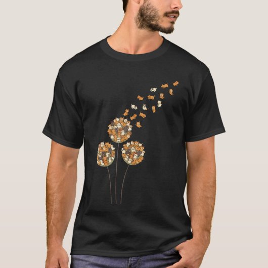 犬とタンポポのアート かわいい犬の花 Tシャツ (正面)