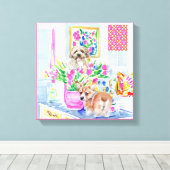 犬とチューリップの束のインテリア名門私立校風の キャンバスプリント (インサイチュ (ウッドフロア))