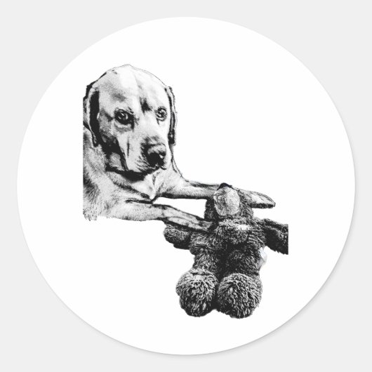 犬とテディベア | 黒と白のステッカー ラウンドシール (正面)