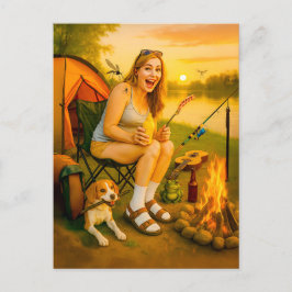 犬とテントと怖いキャンパーの女性 シーズンポストカード