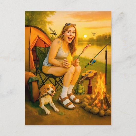 犬とテントと怖いキャンパーの女性 シーズンポストカード (正面)