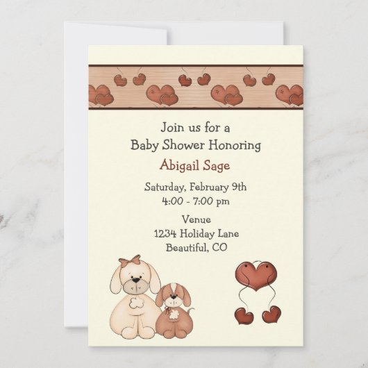 犬とハート女の子のための赤ちゃんシャワー招待状 招待状 (正面)