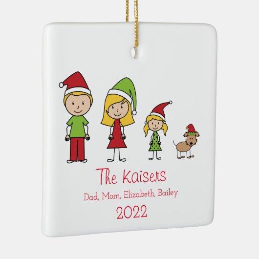 犬とパーソナライズされた3人のかわいいクリスマスファミリー セラミックオーナメント (右)