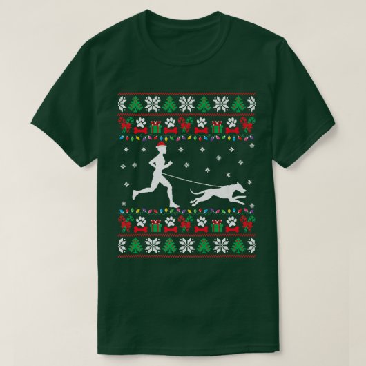 犬とランニングの醜いクリスマスセーターランニングのX Tシャツ (デザイン正面)