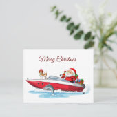 犬と一緒にボートでメリークリスマスサンタ シーズンポストカード (スタンド正面)