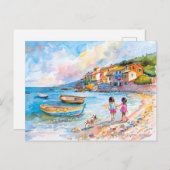 犬と一緒に地中海のビーチwatercolo シーズンポストカード (正面/裏面)