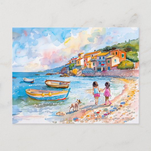 犬と一緒に地中海のビーチwatercolo シーズンポストカード (正面)