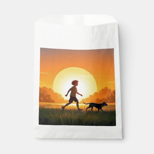 犬と一緒に夕焼けを眺める少年 フェイバーバッグ (正面)