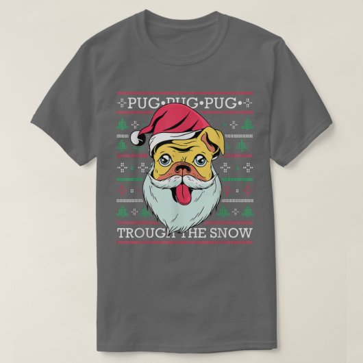 犬と一緒に雪をパグクリスマス Tシャツ (デザイン正面)