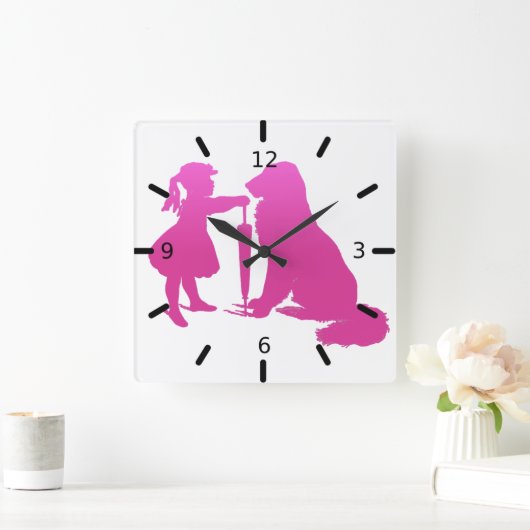 犬と女の子の子供部屋シルエットグラデーションピンクアート スクエア壁時計 (ホーム)