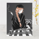 犬と女性のカフェでのブラウン ヘアー グリーティング カード (黄色い花)