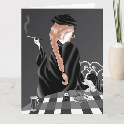 犬と女性のカフェでのブラウン ヘアー グリーティング カード (正面)