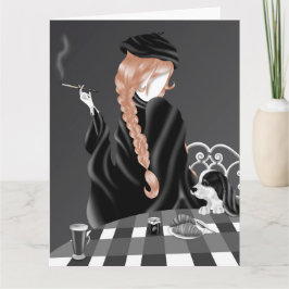 犬と女性のカフェでのブラウン ヘアー グリーティング カード